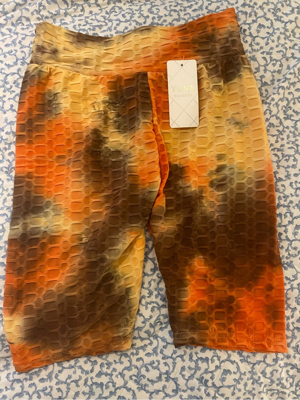 Yuna Fashion Textured Biker Shorts Tie Dye Orange Brown XL New